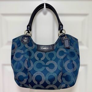Coach Ashley Dotted Op Art Tote Blue with Navy Leather Trim